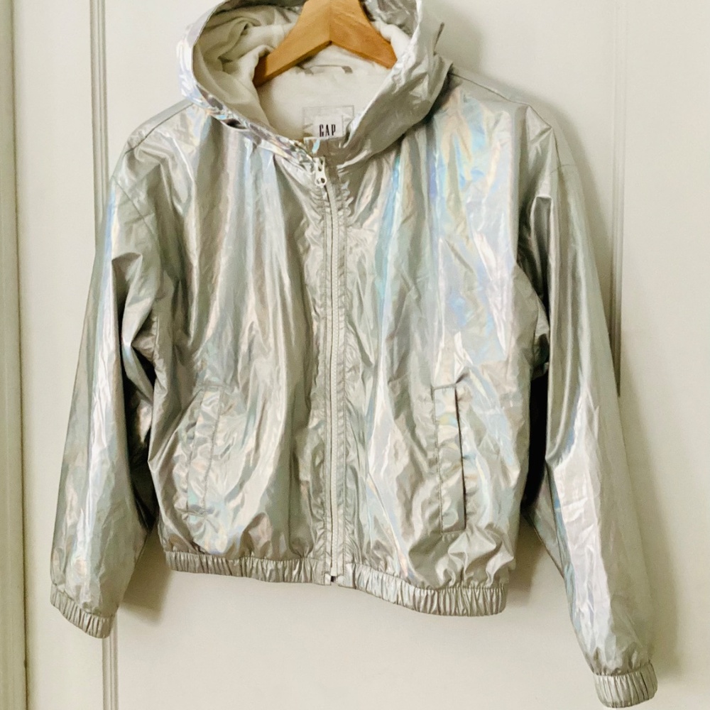 GAP girls silver windbreaker jacket Size L 10-11 Holographic hooded lightweight - Picture 2 of 12
